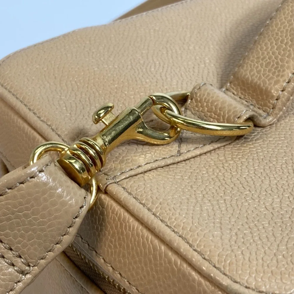CHANEL Cream Caviar Leather Logo Shoulder Bag
